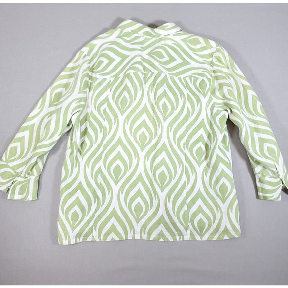 JM Collection 100 Linen Button Down Woven 3/4 Bell Sleeve Lime Green White Sz 16 - Picture 3 of 11